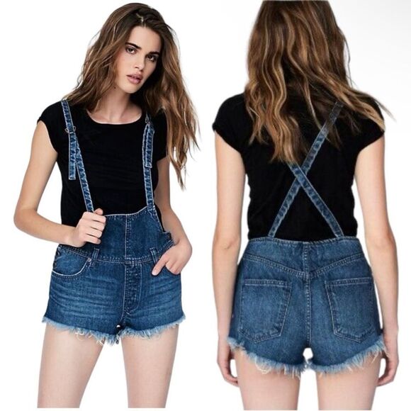 We the Free Free People Strappy Shortalls Ocean Blue Size 24 Pinafore Suspenders - Picture 1 of 14
